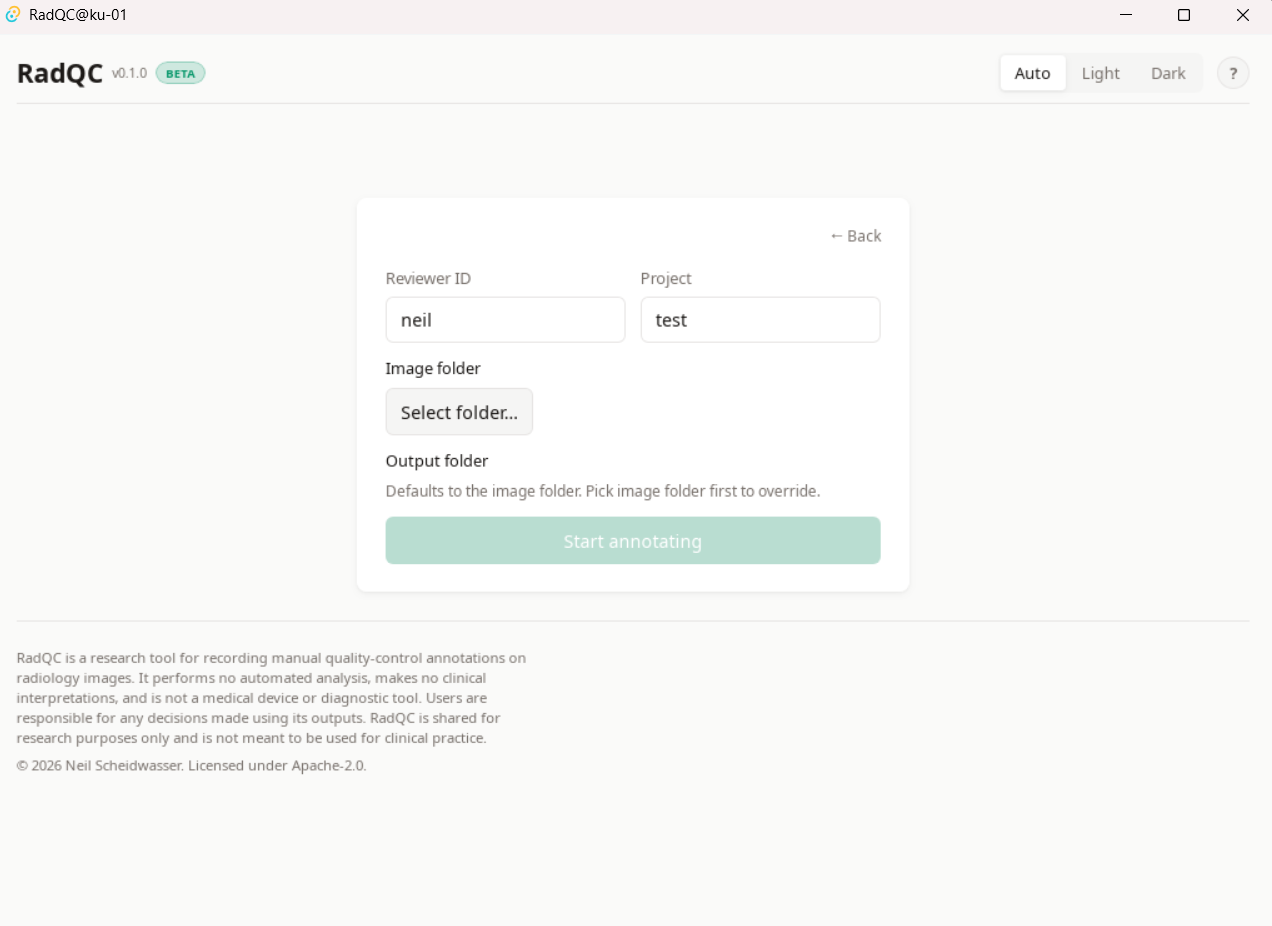 Setup form with reviewer ID, project name, and folder pickers